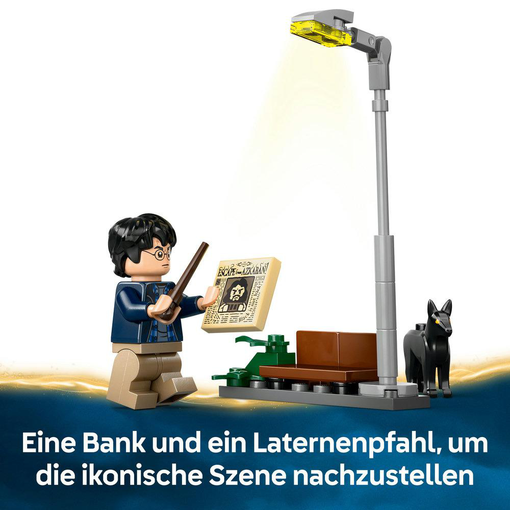 Lego Harry Potter mit Straßenszene, Laternenpfahl und Figuren.