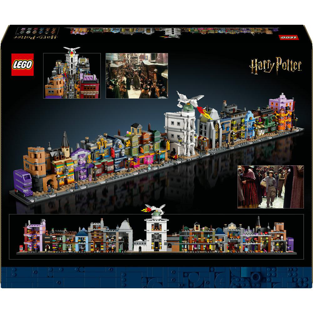 Rückseite der Lego Harry Potter Set-Box mit Straßenszene und Gebäuden.