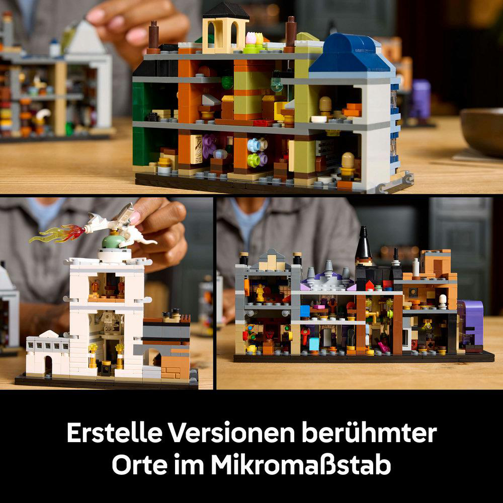 Lego-Set-Bilder von Miniaturgebäuden. Text: Erstelle Versionen berühmter Orte im Mikromaßstab.