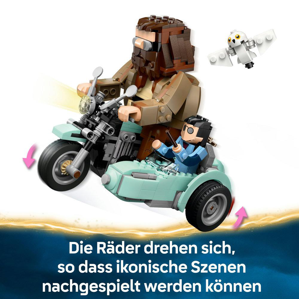 Ein Lego-Set mit Motorrad und Figuren in Aktion.