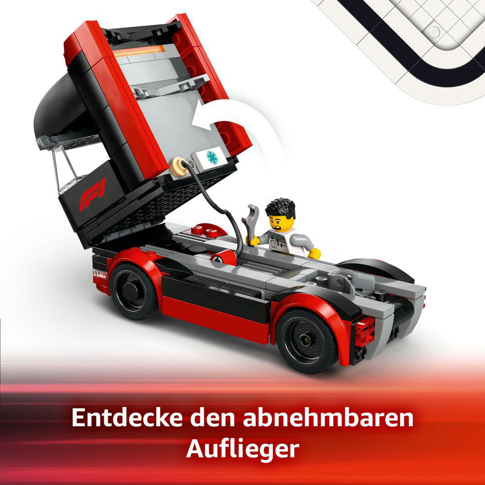 Ein Lego Formel-1-Truck mit abnehmbarem Anhänger. Mannfigur im Führerhaus.