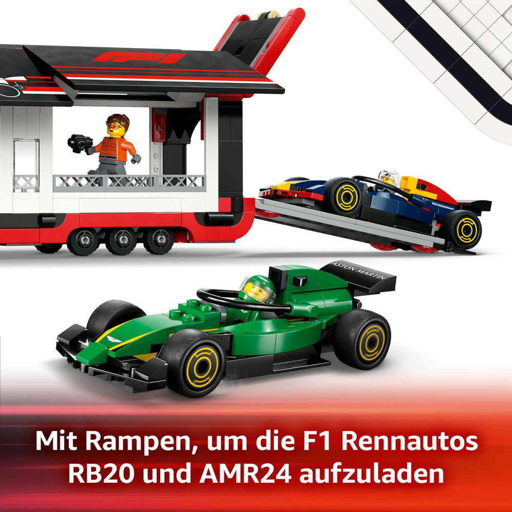 Lego F1-Set, das zeigt, wie ein Rennwagen auf einen Transporter geladen wird. Enthält eine Lego-Figur.