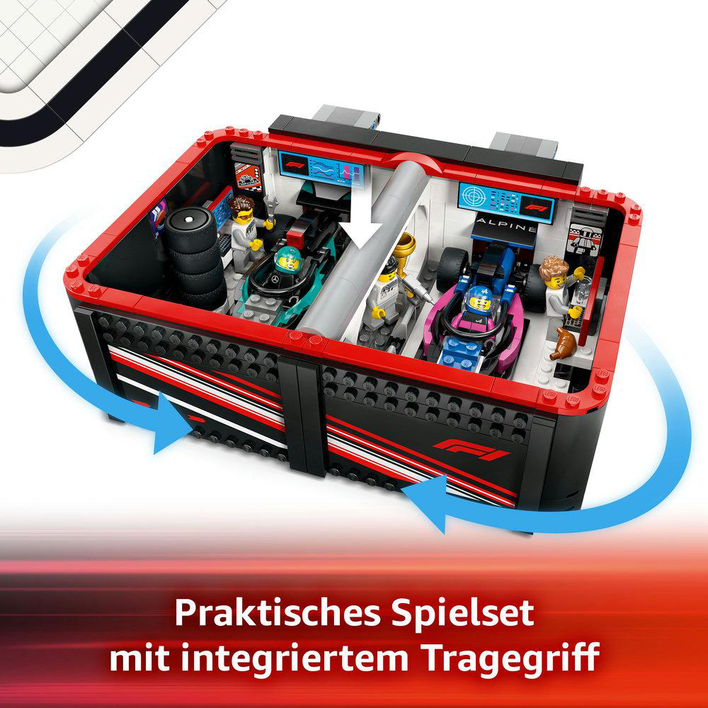 Lego Garage-Set mit Rennwagen im Inneren. Es hat ein rot-schwarzes Design mit blauen Pfeilen.