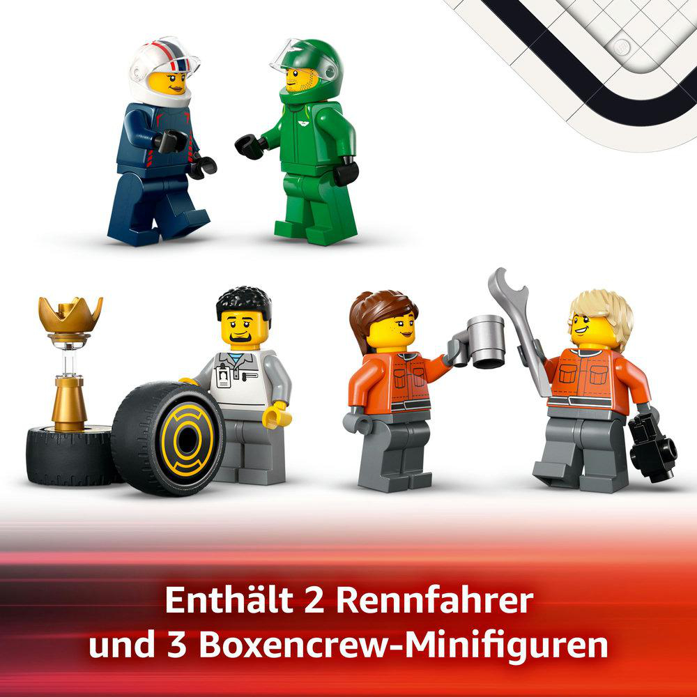 Lego-Minifiguren: Rennfahrer und Boxencrew. Enthält eine Trophäe, einen Reifen und Lego-Werkzeuge.