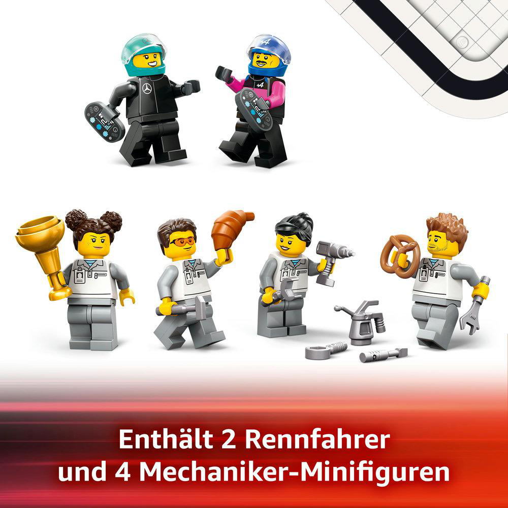 Lego-Minifiguren von Rennfahrern und Mechanikern. Enthält Skateboards, Werkzeuge und ein Croissant.