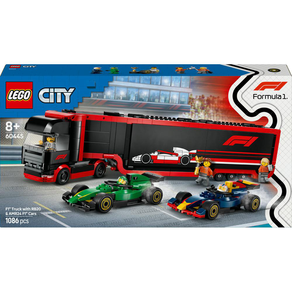 Lego F1 City Set Box. Zeigt einen Truck, zwei Rennwagen und Lego-Minifiguren. Rot-schwarzes Design.