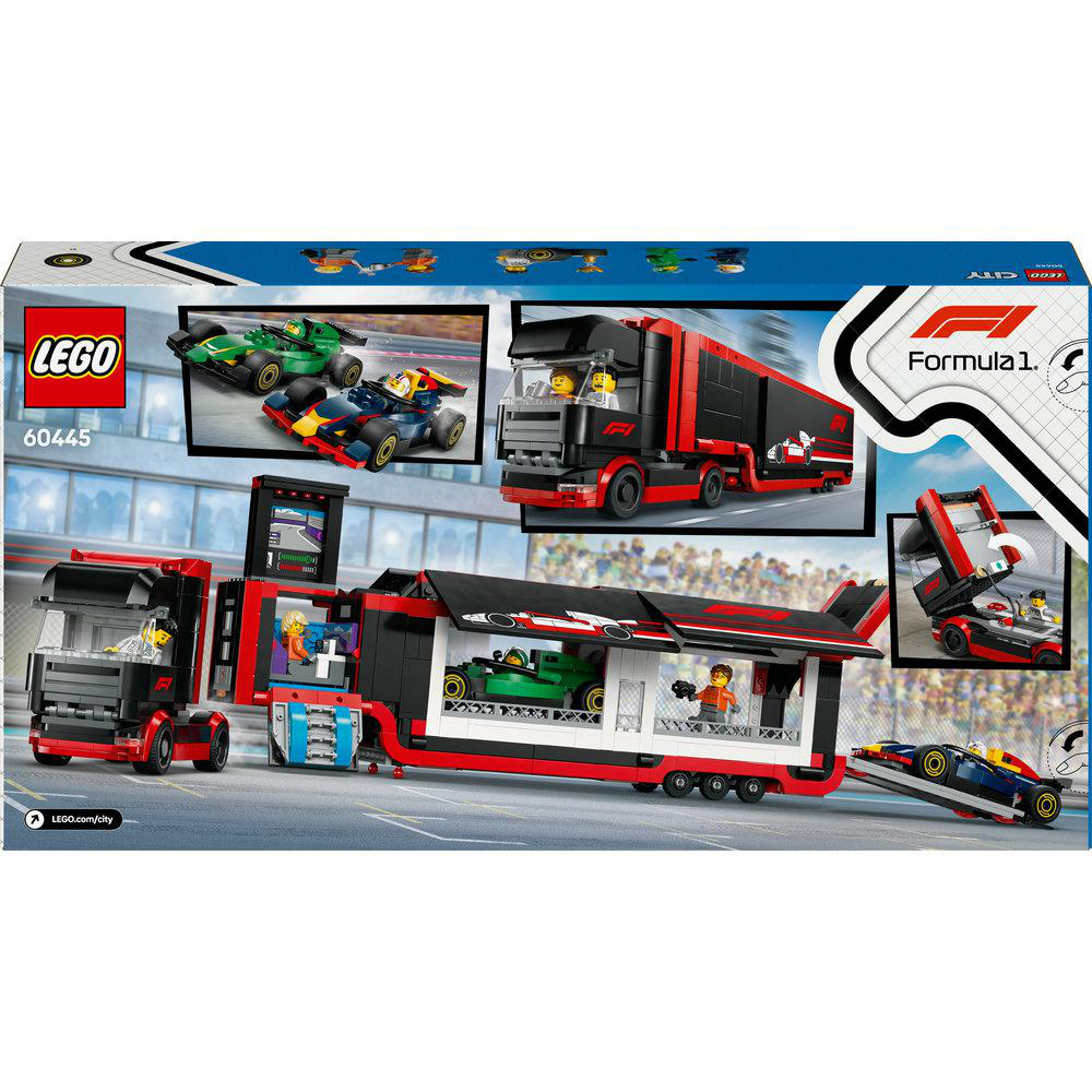 Lego-Set-Box, Formel-1-Truck, Rennwagen und Figuren.