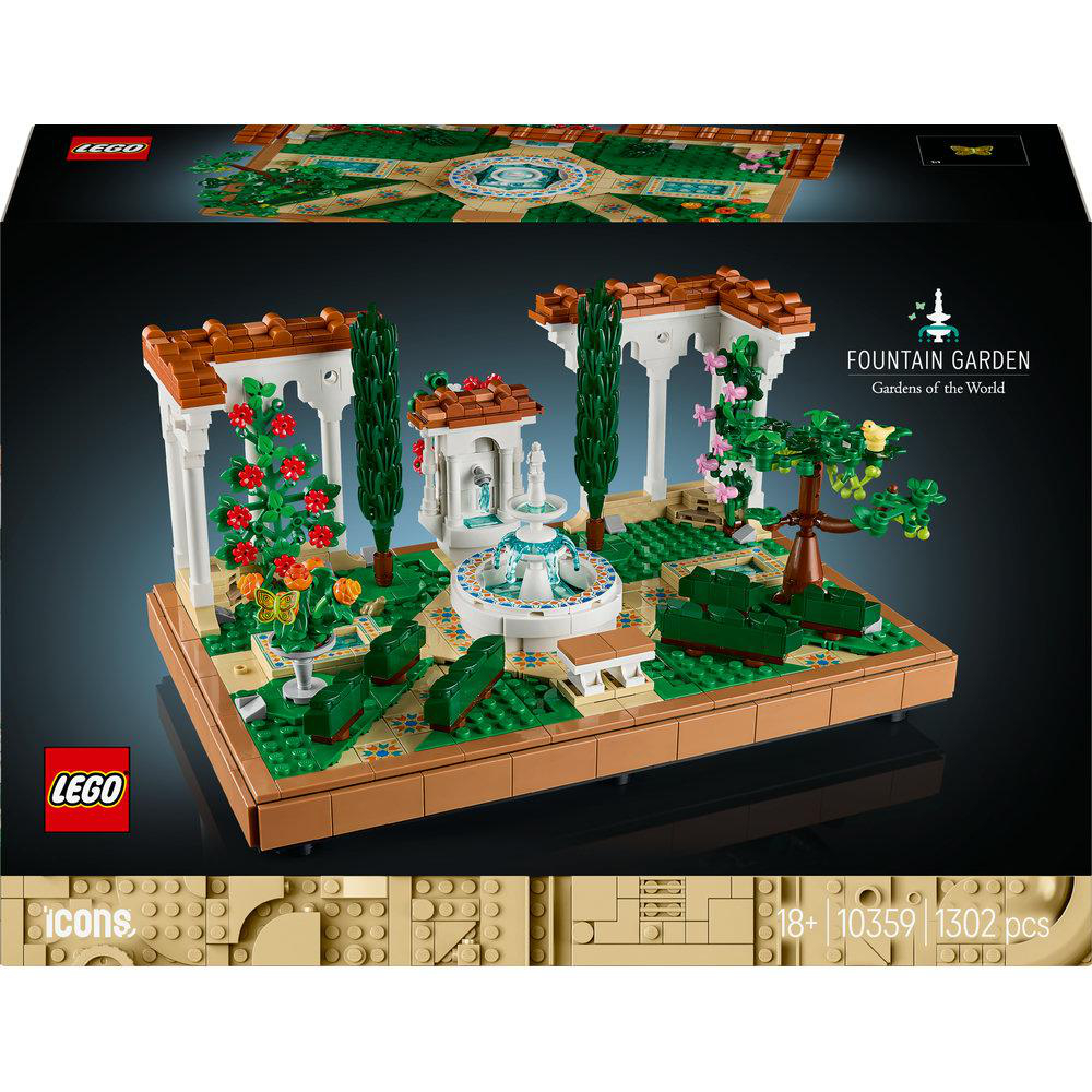 LEGO Springbrunnen Garten Set Box. Ein Garten mit Brunnen, Bäumen und weißen Säulen.