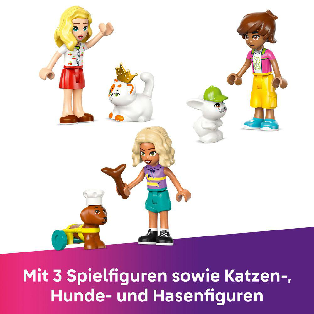 Drei Figuren und Katzen-, Hunde- und Hasenfiguren werden gezeigt.