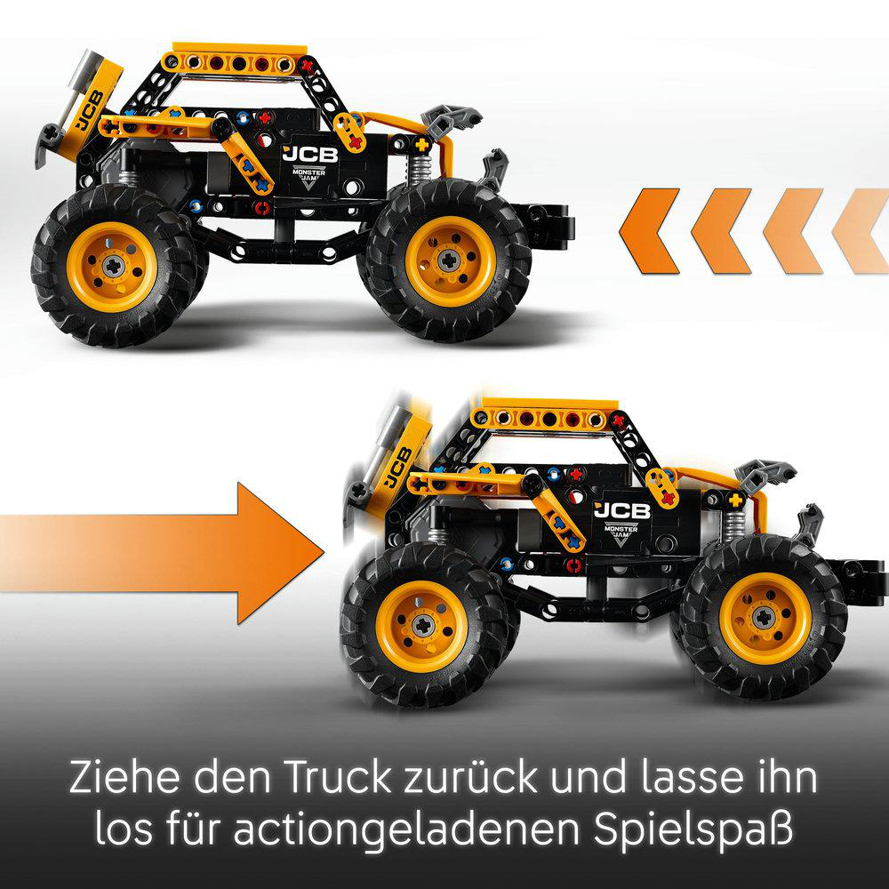 Zwei Spielzeug-Trucks nebeneinander, mit Pfeilen, die eine Zurückziehaktion zum Spielen anzeigen, auf weißer Oberfläche.