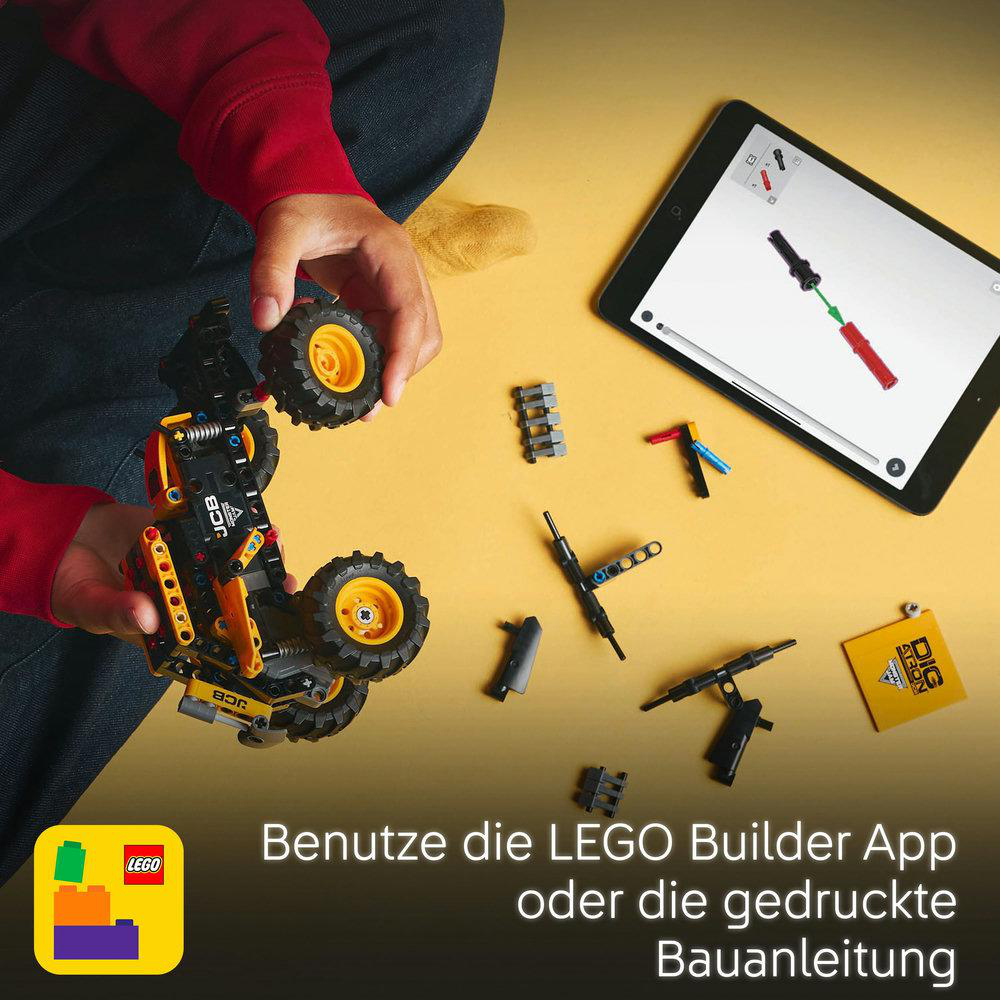 Ein Lego Technic Fahrzeug wird mit Werkzeugen und Tablet mit Bauanleitung gezeigt.
