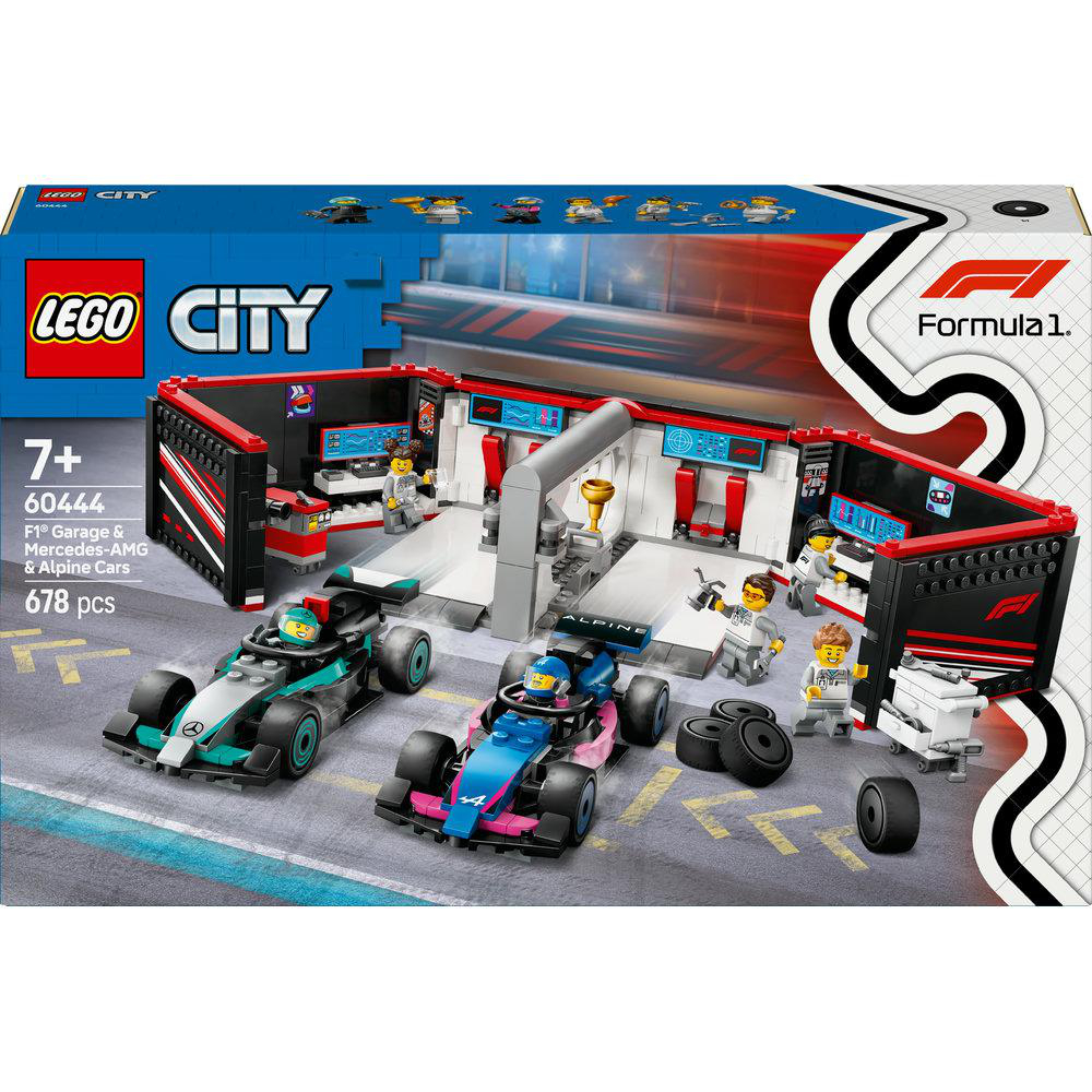 Ein Lego City Set, das eine Garage, zwei Rennwagen und Figuren zeigt.