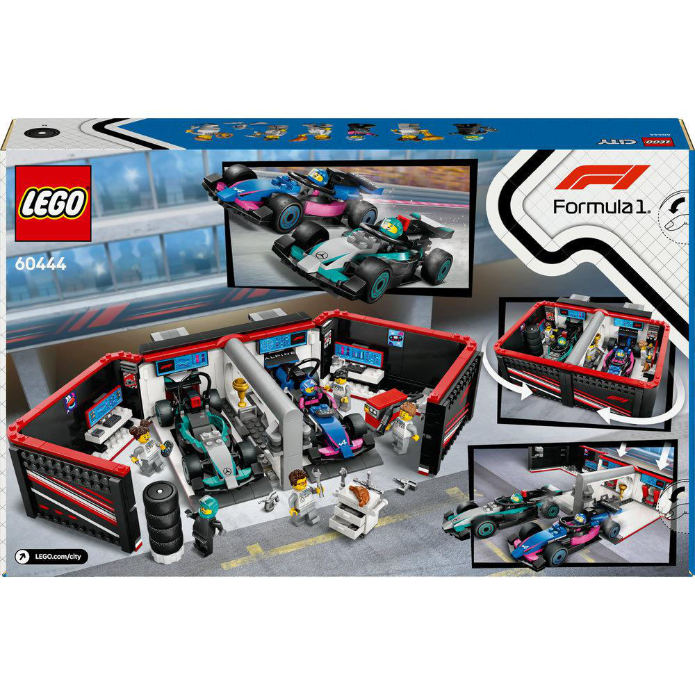 Eine Lego-Set-Box, die eine Rennwerkstatt mit Autos und Lego-Minifiguren zeigt. Mehrere Ansichten werden gezeigt.