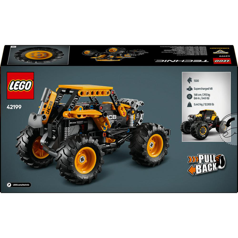Rückseite der Lego Technic Monster Jam Digatron Pull-Back-Truck-Box zeigt LKW-Details.