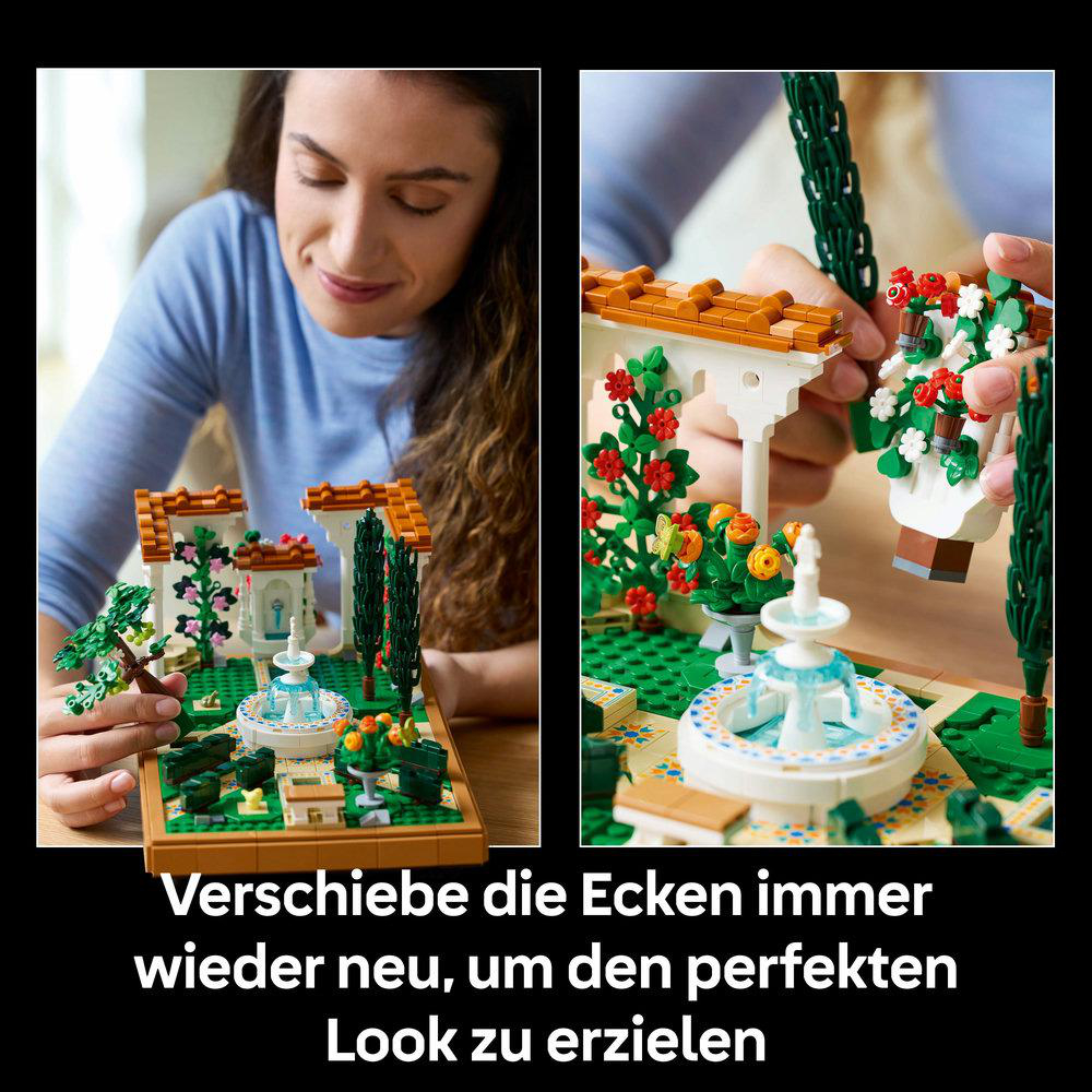 Zwei Bilder von Lego-Sets: eines mit einer Frau, die baut, eines mit einem fertigen Garten-Set.