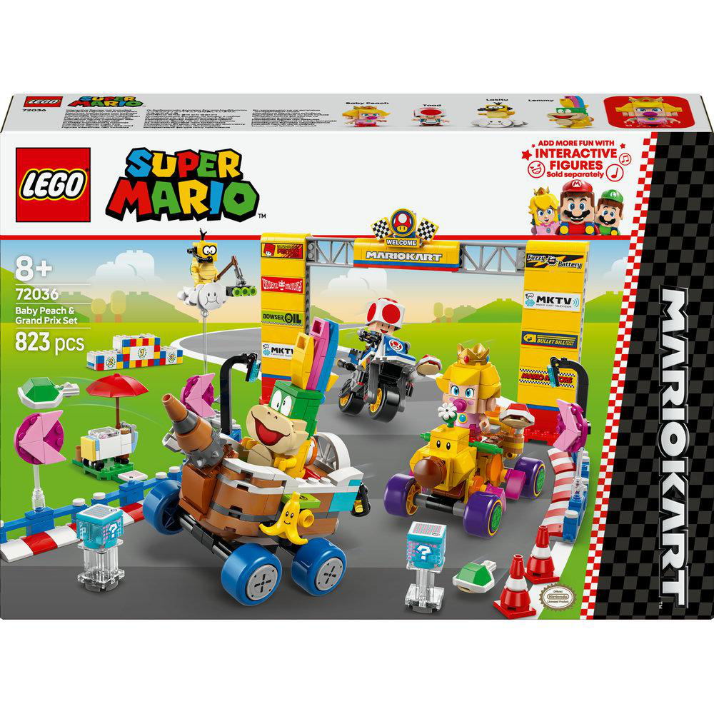 LEGO Super Mario Setbox: Mario Kart Thema mit Rennwagen, Figuren und Streckenelementen.