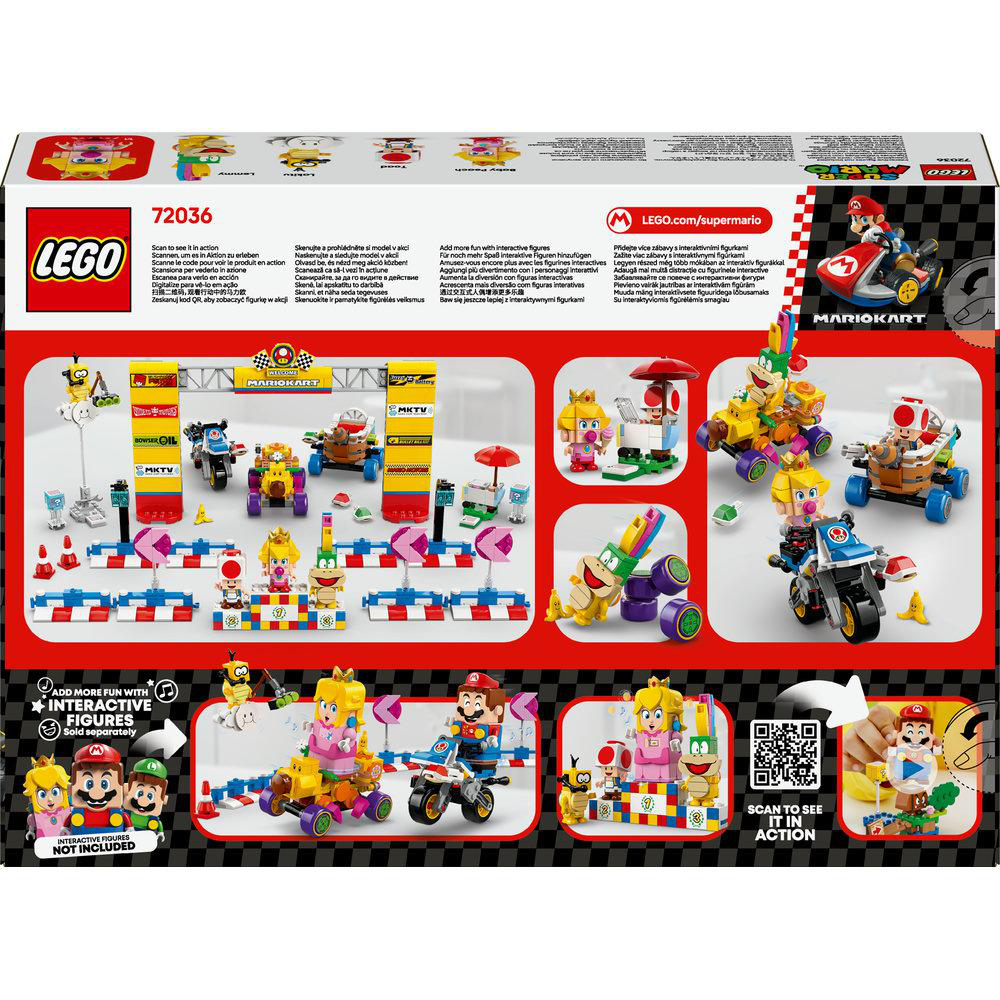 LEGO Mariokart-Setbox. Verschiedene Spielfiguren und Fahrzeuge werden auf der Box angezeigt.