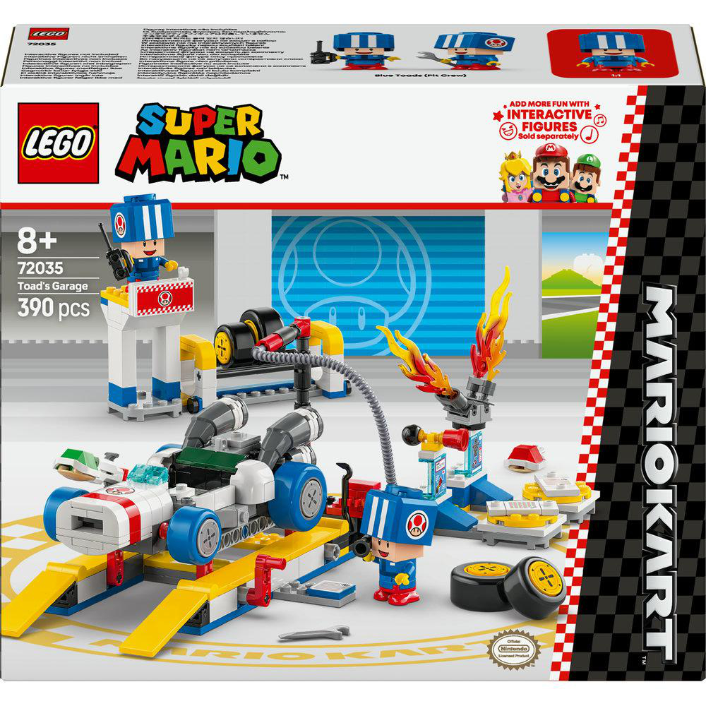 Lego Super Mario Toads Garage Set-Box mit Figuren, Autos und Streckenteilen.