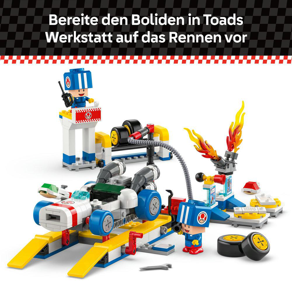 Lego Super Mario Toads Garage Set mit Toad-Figur und Autos.