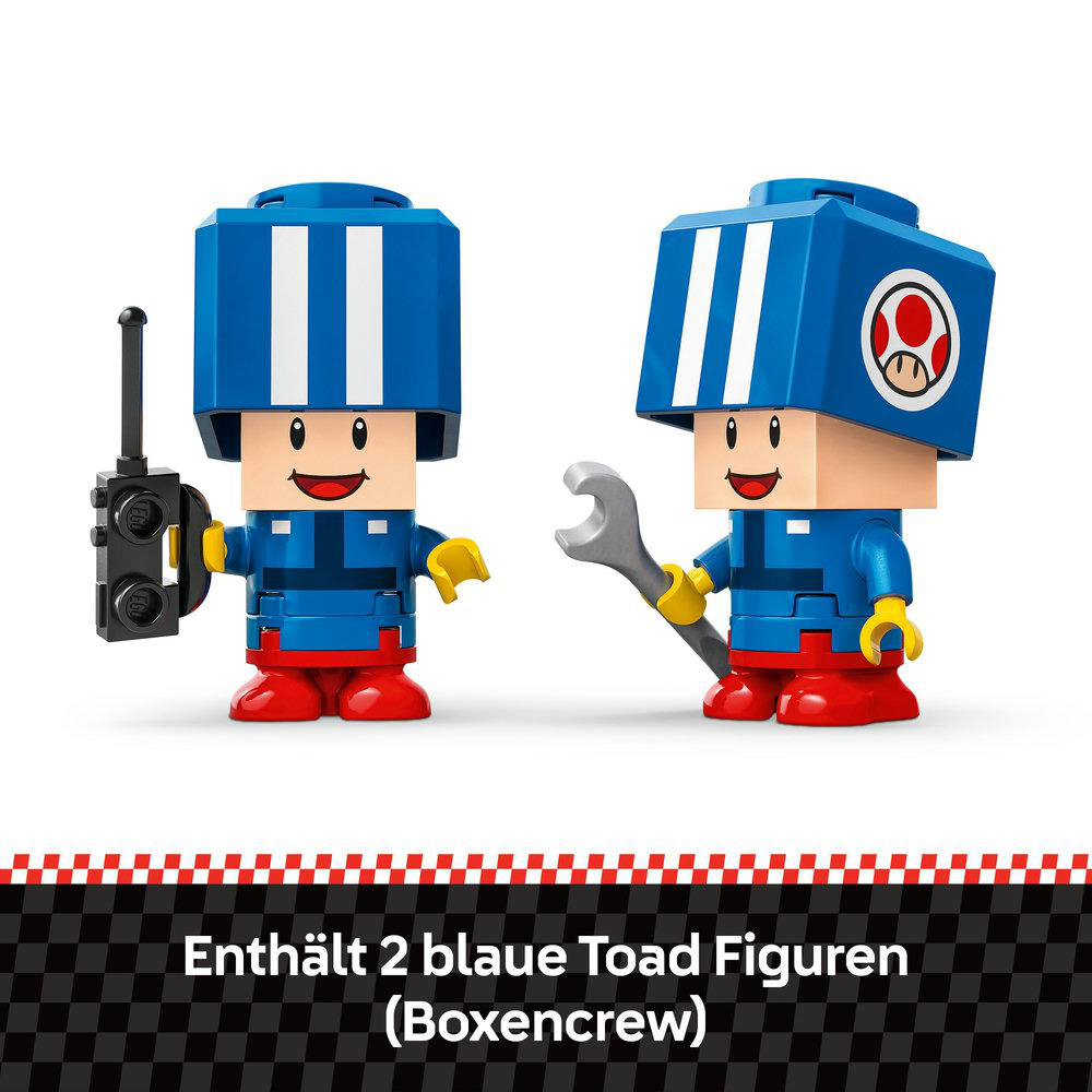 Zwei blaue Lego-Figuren mit weißen Streifen, eine hält einen Schraubenschlüssel.