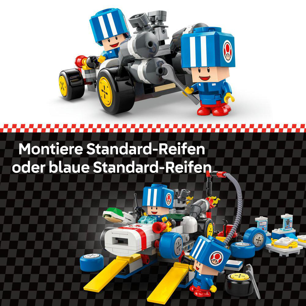 Zwei Lego Mario Kart Figuren mit Autoteilen und Streckenteilen.