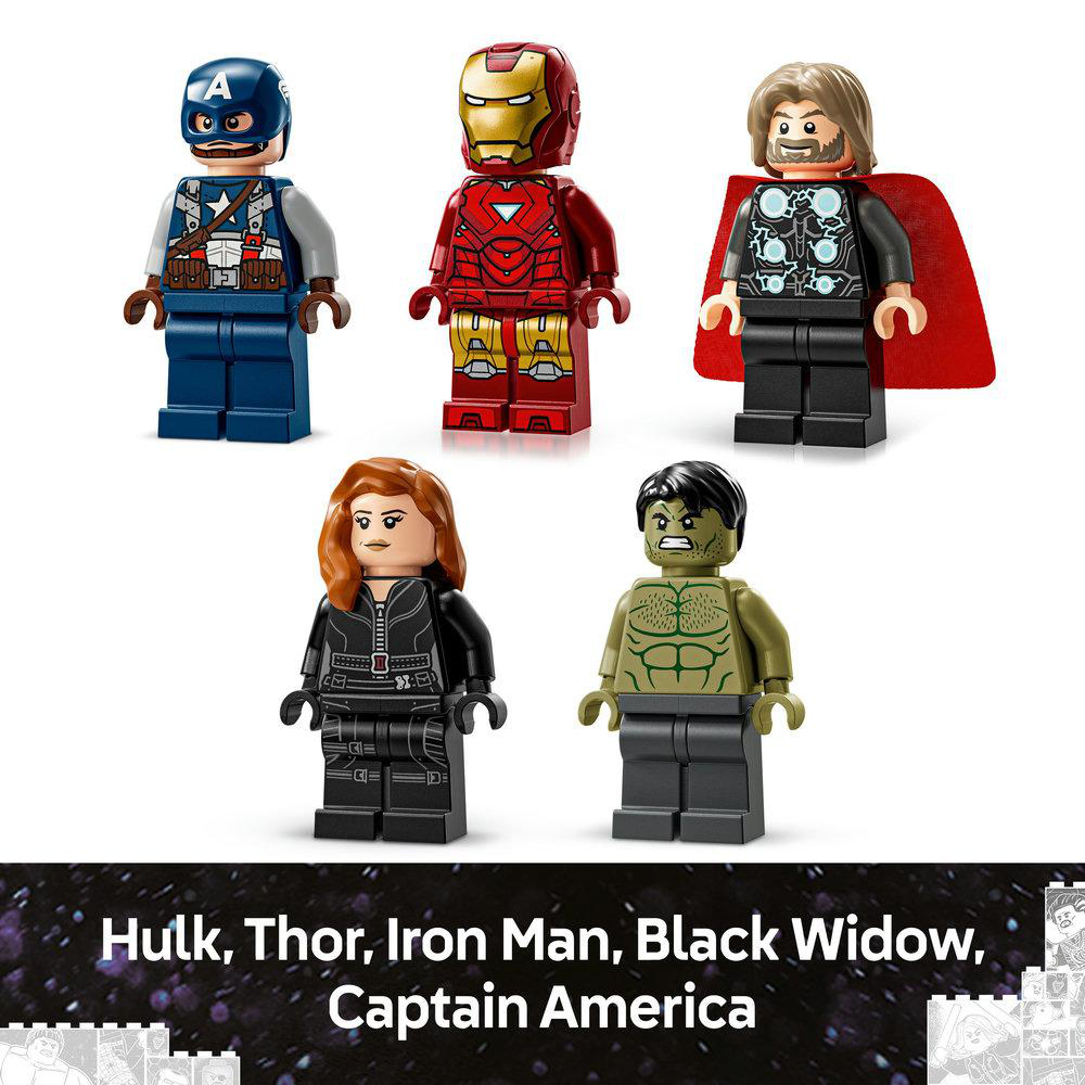 Lego Marvel Charaktere. Captain America, Iron Man, Thor, Black Widow und Hulk Figuren.