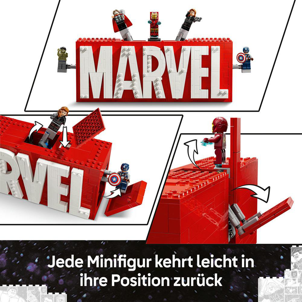 Lego-Set mit Marvel-Figuren und dem Marvel-Logo auf roten Steinen.