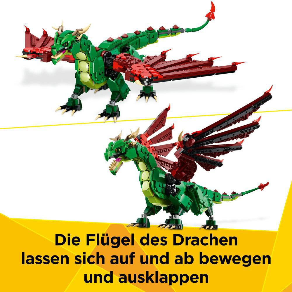 Grünes und rotes Drachenspielzeug mit beweglichen Flügeln, in zwei Ansichten posiert.