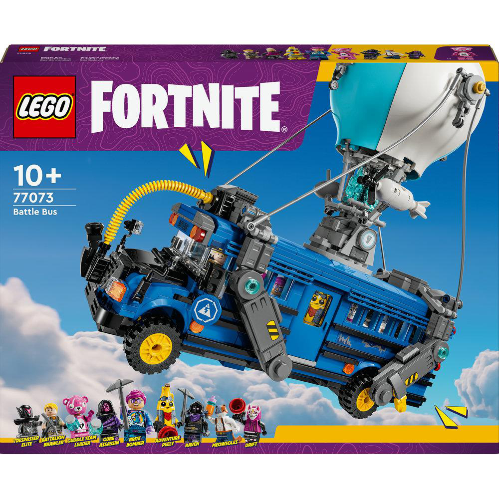 LEGO Fortnite Set-Box. Blauer Bus mit Ballon, Minifiguren.