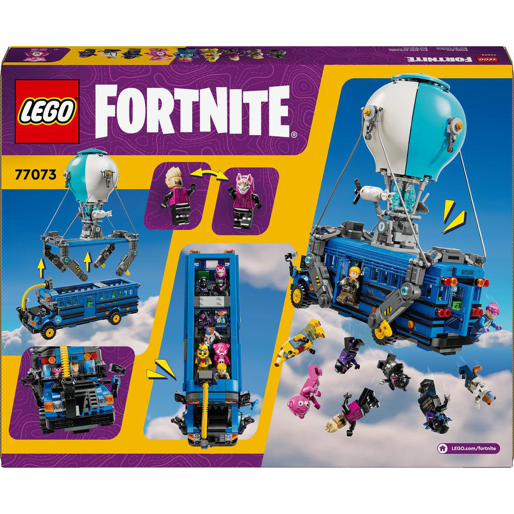 LEGO Fortnite Set-Box. Verschiedene Winkel des blauen Busses und Minifiguren.