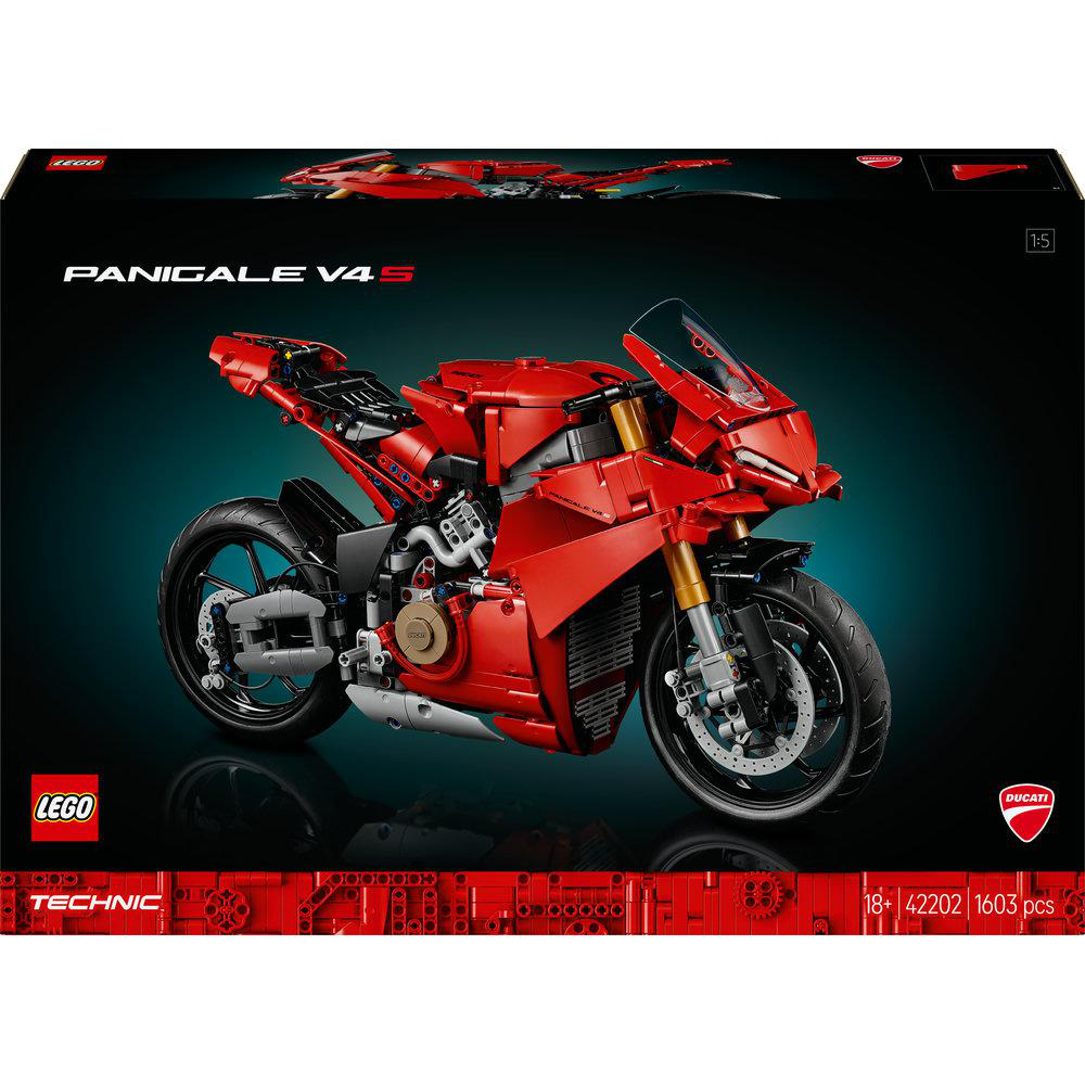 Rotes Lego Ducati Motorradmodell auf schwarzem Hintergrund.