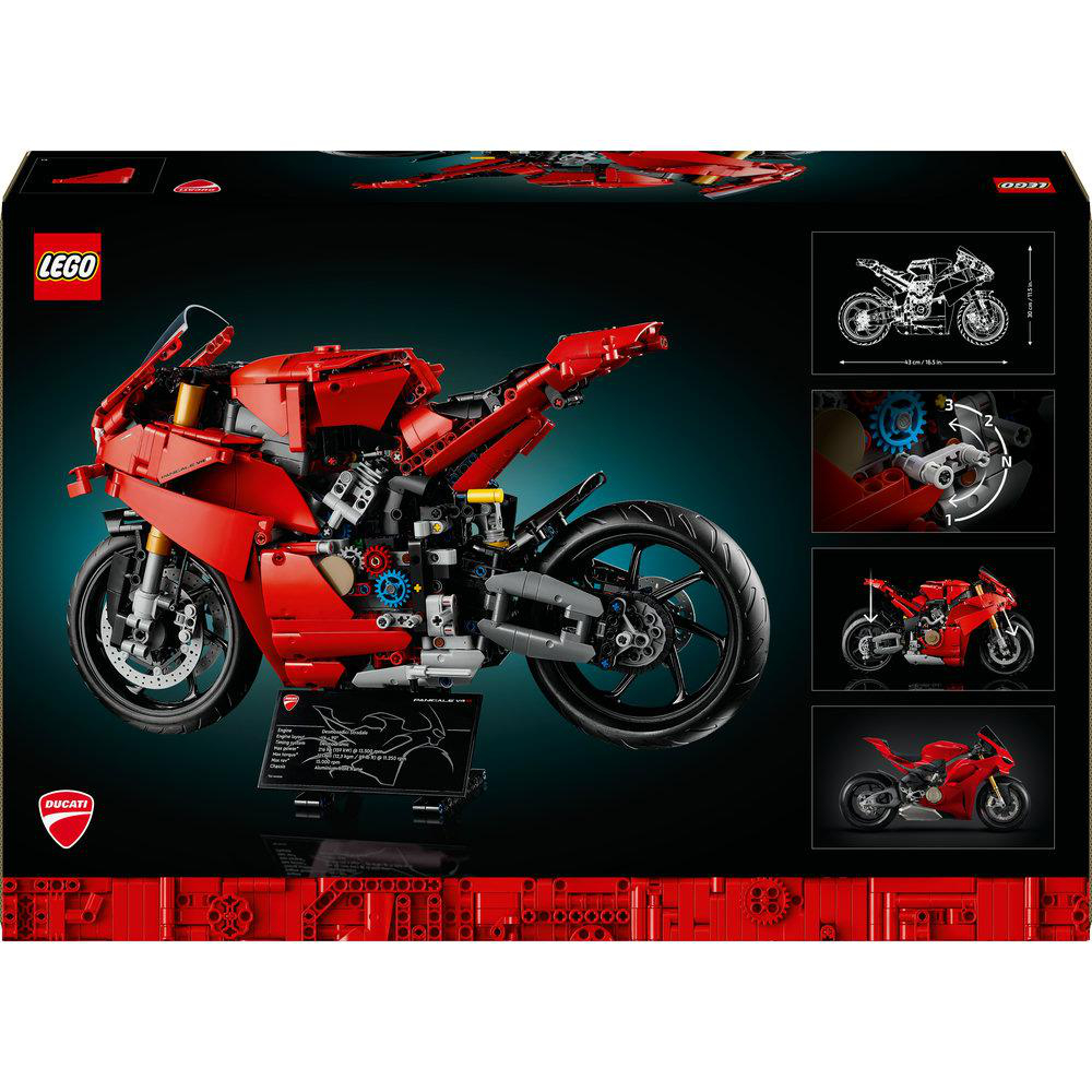 LEGO Ducati Panigale V4 R Setbox. Motorrad auf der Box, mit Details.