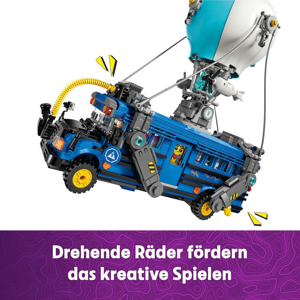 Ein blauer Lego-Bus mit einem weißen Heißluftballon darauf, mit deutschem Text.