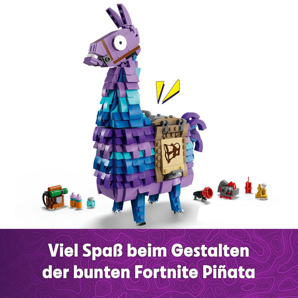 Blaues und lila LEGO Lama. Text: Viel Spaß beim Gestalten der bunten Fortnite Piñata.
