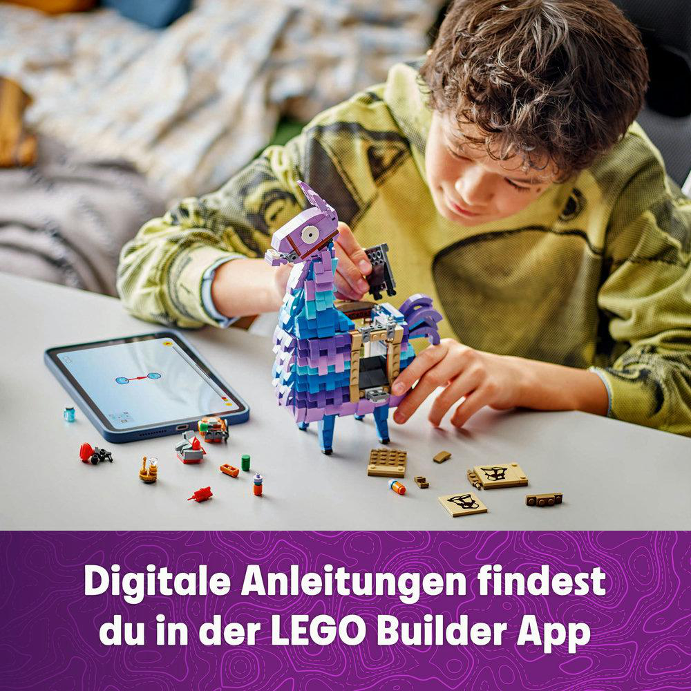 Ein Junge baut das LEGO Lama mit einem Tablet. Text: Finde digitale Anleitungen in der LEGO Builder App.