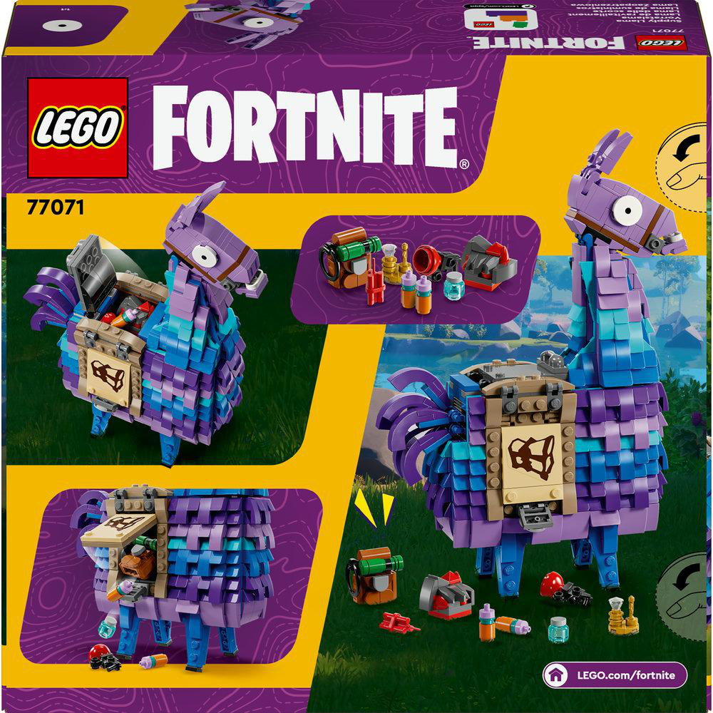 LEGO Fortnite Supply Llama Box Rückseite. Mehrere Bilder von Lama mit Zubehör und Details.