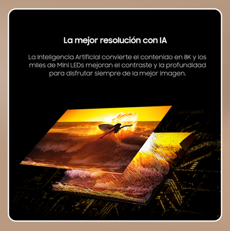 Dos pantallas mostrando imágenes de una puesta de sol y una playa, destacando la resolución 8K.