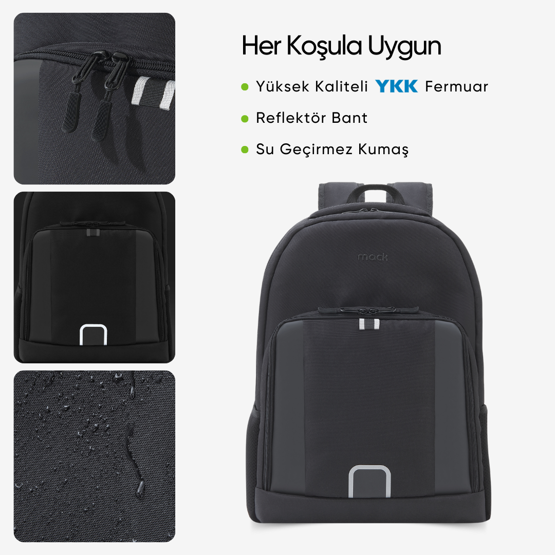 Fermuar ve suya dayanıklı kumaş detayları olan siyah sırt çantası. Sırt çantası tasarımı gösteriliyor.