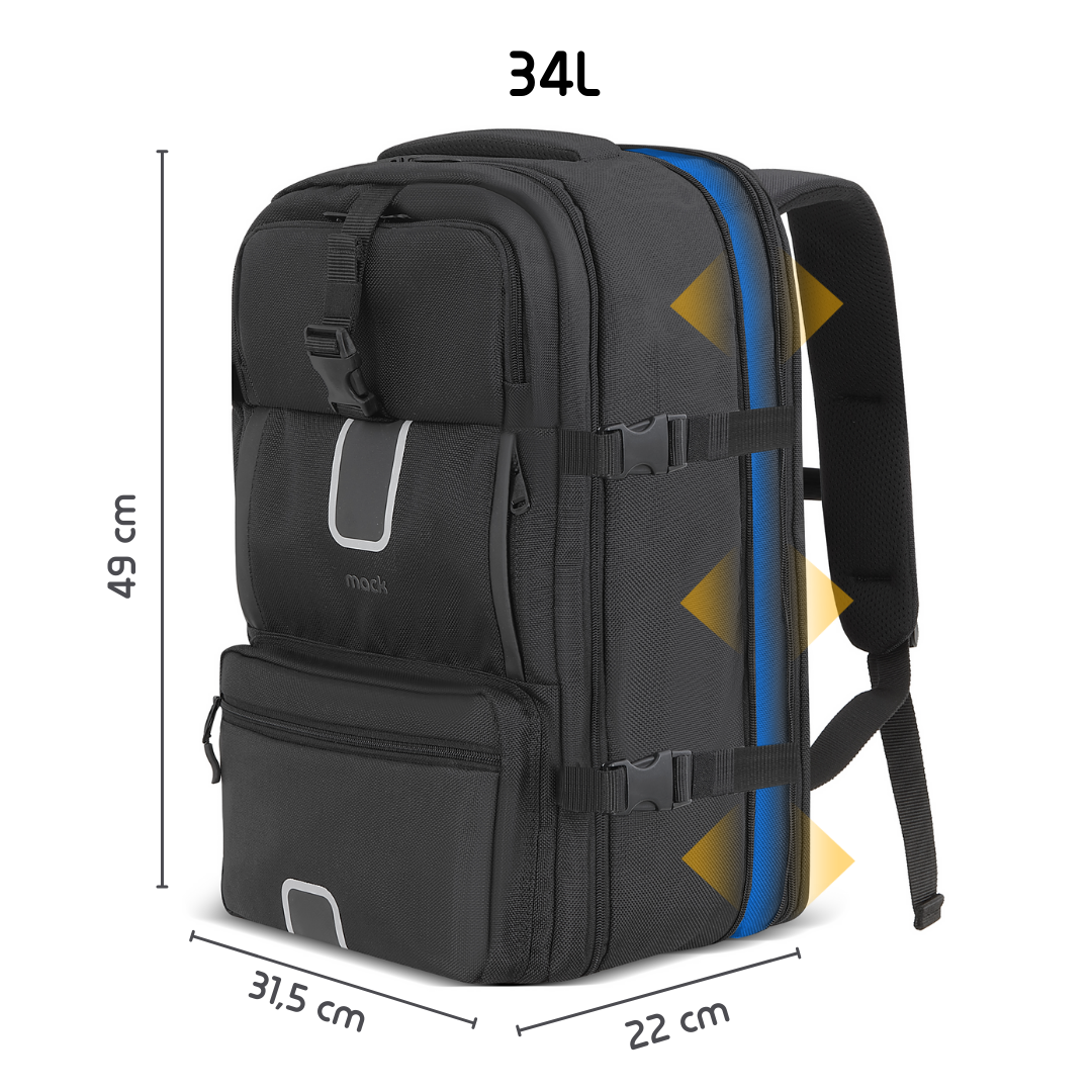 Boyutları gösterilen siyah sırt çantası: 49cm yükseklik, 31.5cm genişlik ve 22cm derinlik.