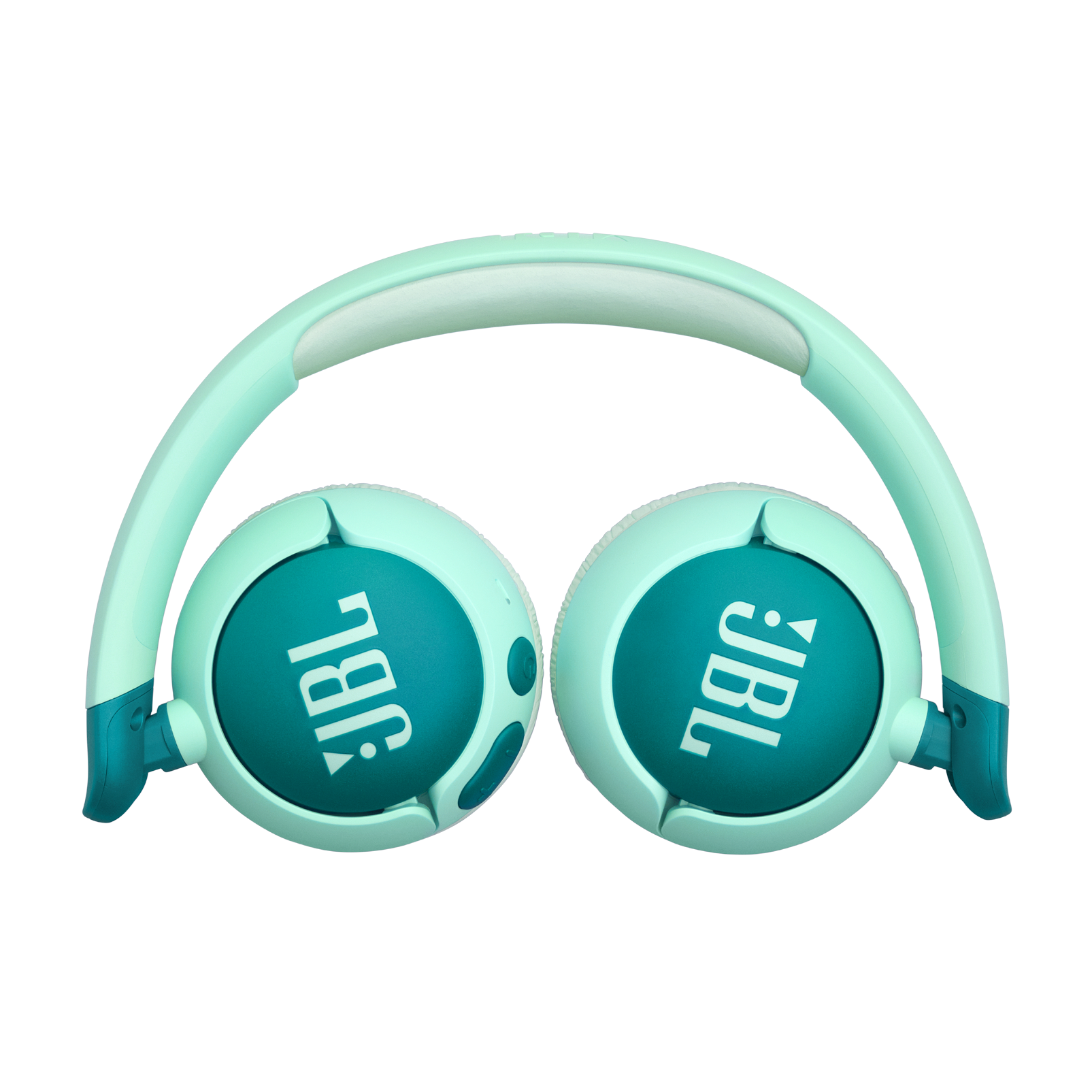 Kulaklık kapaklarında beyaz JBL logosu bulunan turkuaz kulaklıkların üstten görünümü.
