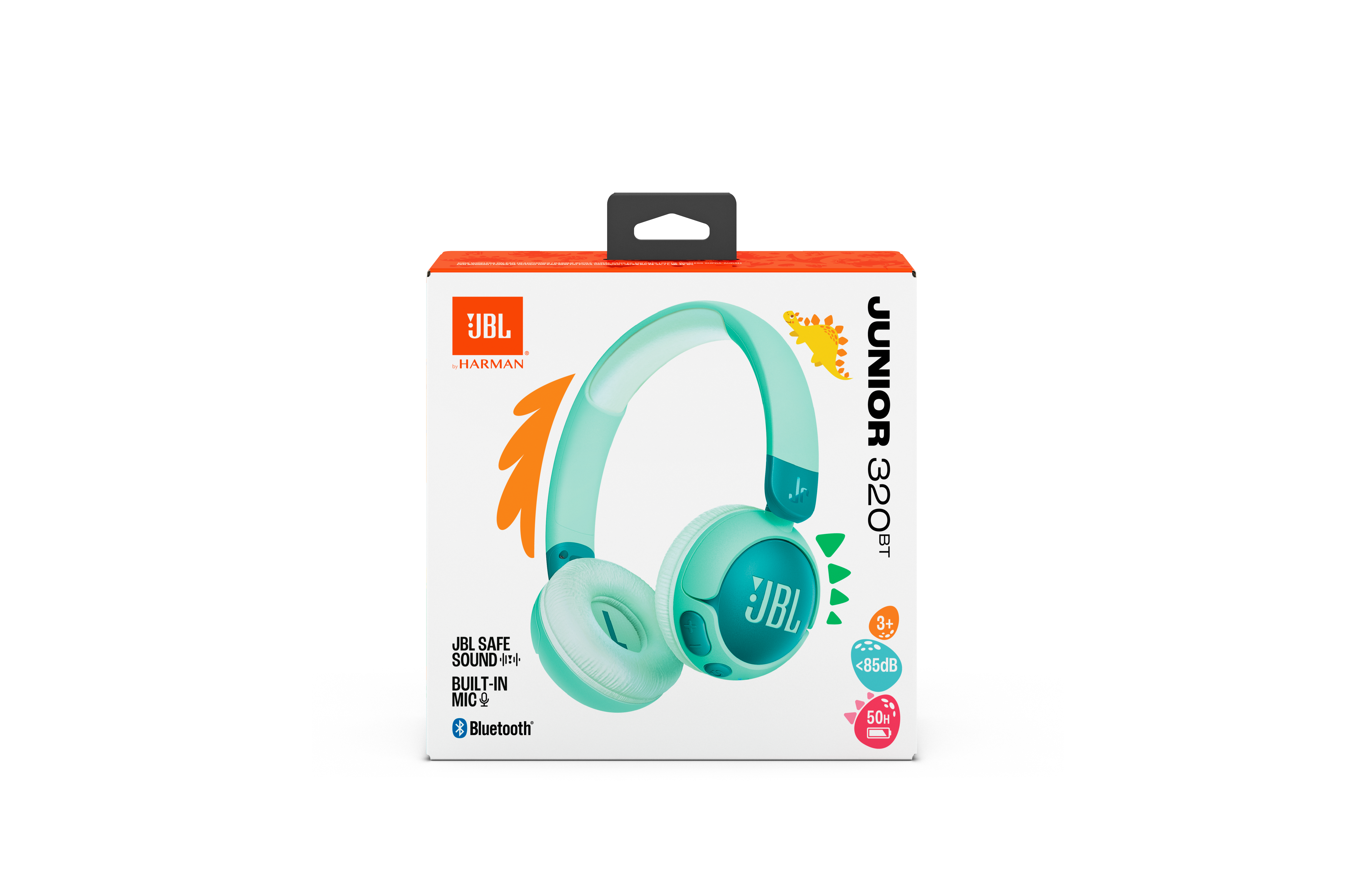 Bir kutu JBL Junior 320BT kulaklık. Kutu beyaz, mavi ve turuncu. Siyah arka plan.