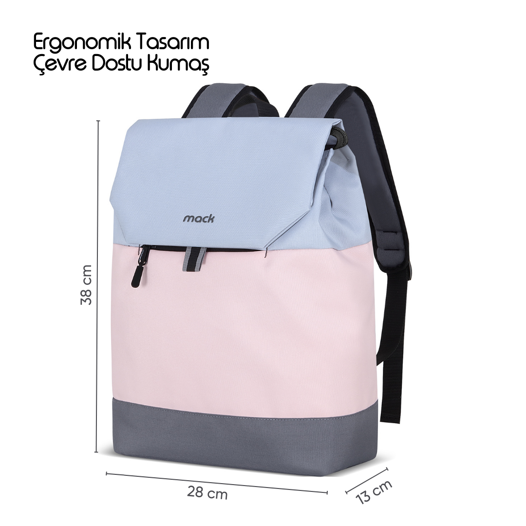 38 cm yüksekliğinde, 28 cm genişliğinde ve 13 cm derinliğinde pembe ve mavi bir sırt çantası.