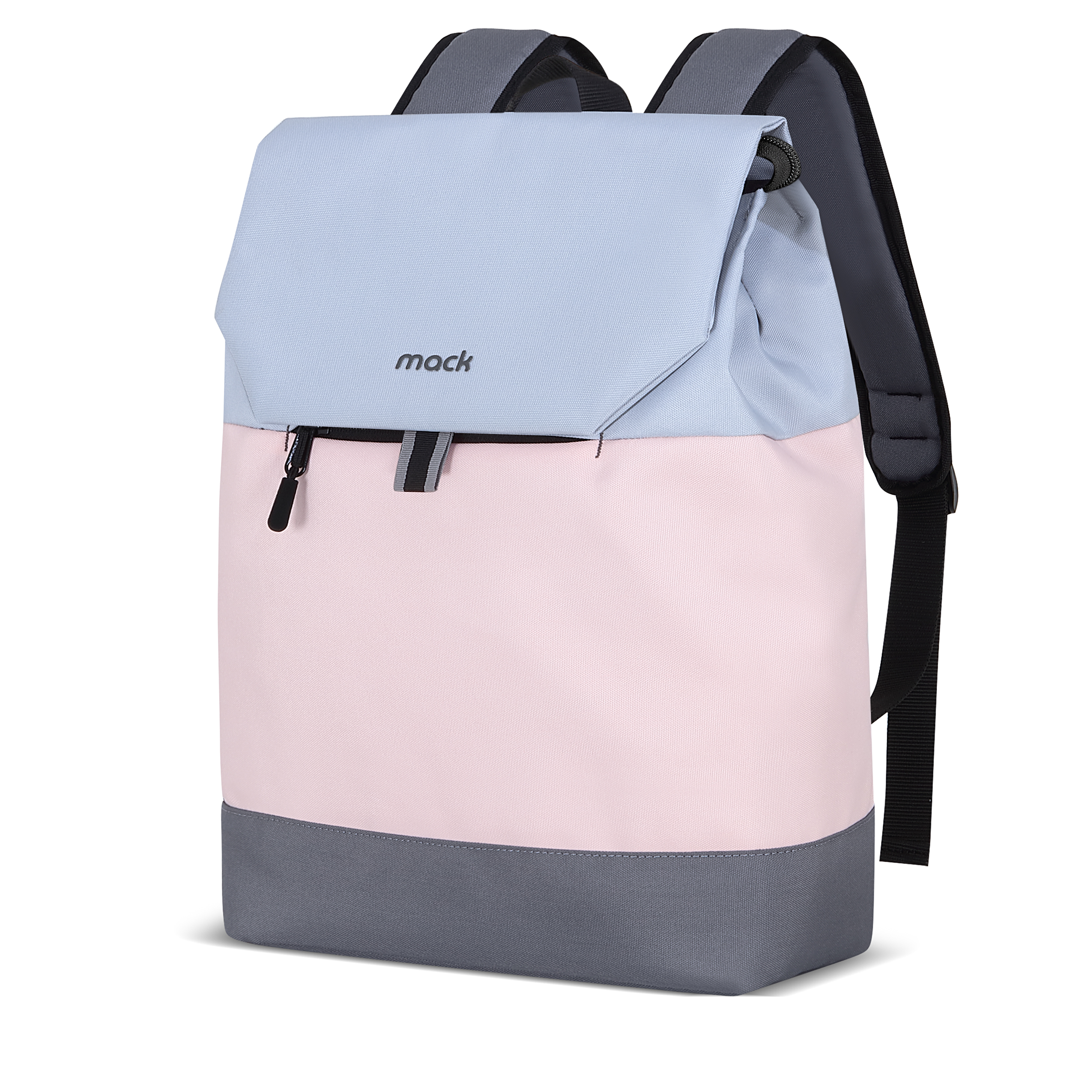 Mavi üst panel ve pembe alt panel, gri alt kısma sahip sırt çantası. 'mack' marka adı üstte.