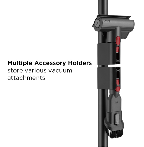 Czarny drążek do odkurzacza z przystawkami. Pokazano wiele uchwytów na akcesoria przechowujących różne przystawki.