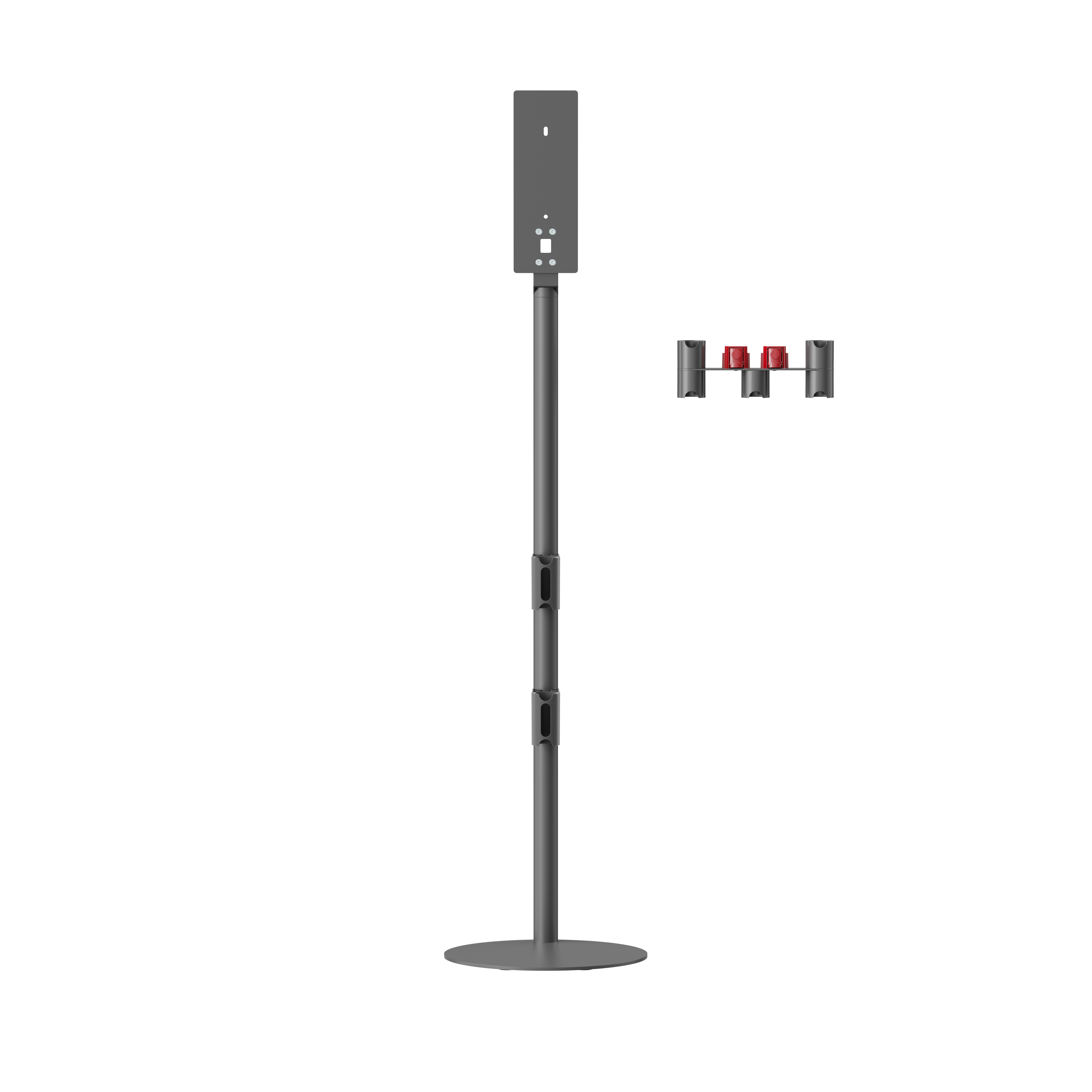 Wysoki, szary stojak z dozownikiem do dezynfekcji rąk i dwiema czerwonymi butelkami.