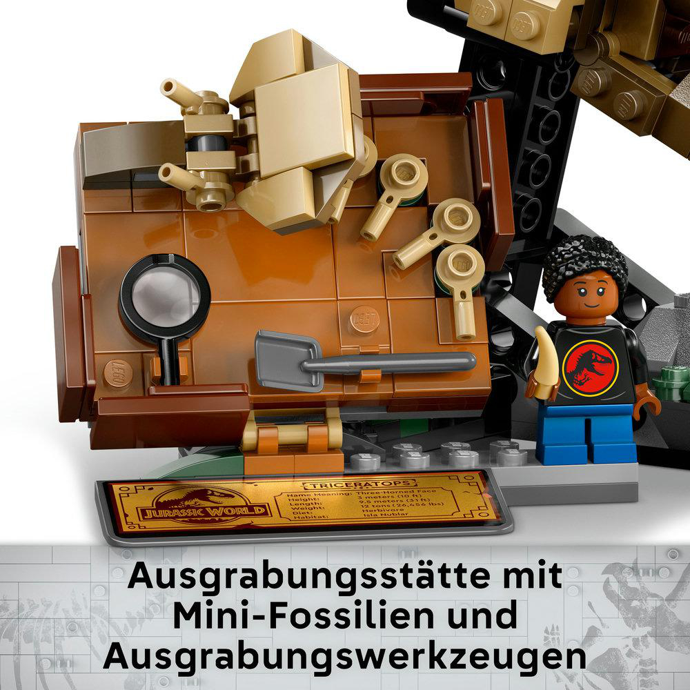 LEGO Modell einer Dinosaurier-Ausgrabungsstätte mit Werkzeugen und einer Figur.