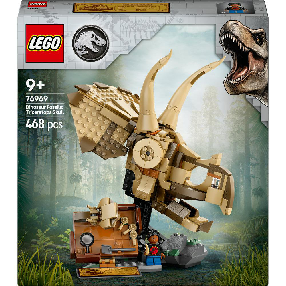 LEGO-Box-Set mit einem Triceratops-Schädel, einer Ausgrabungsstätte und Figuren.