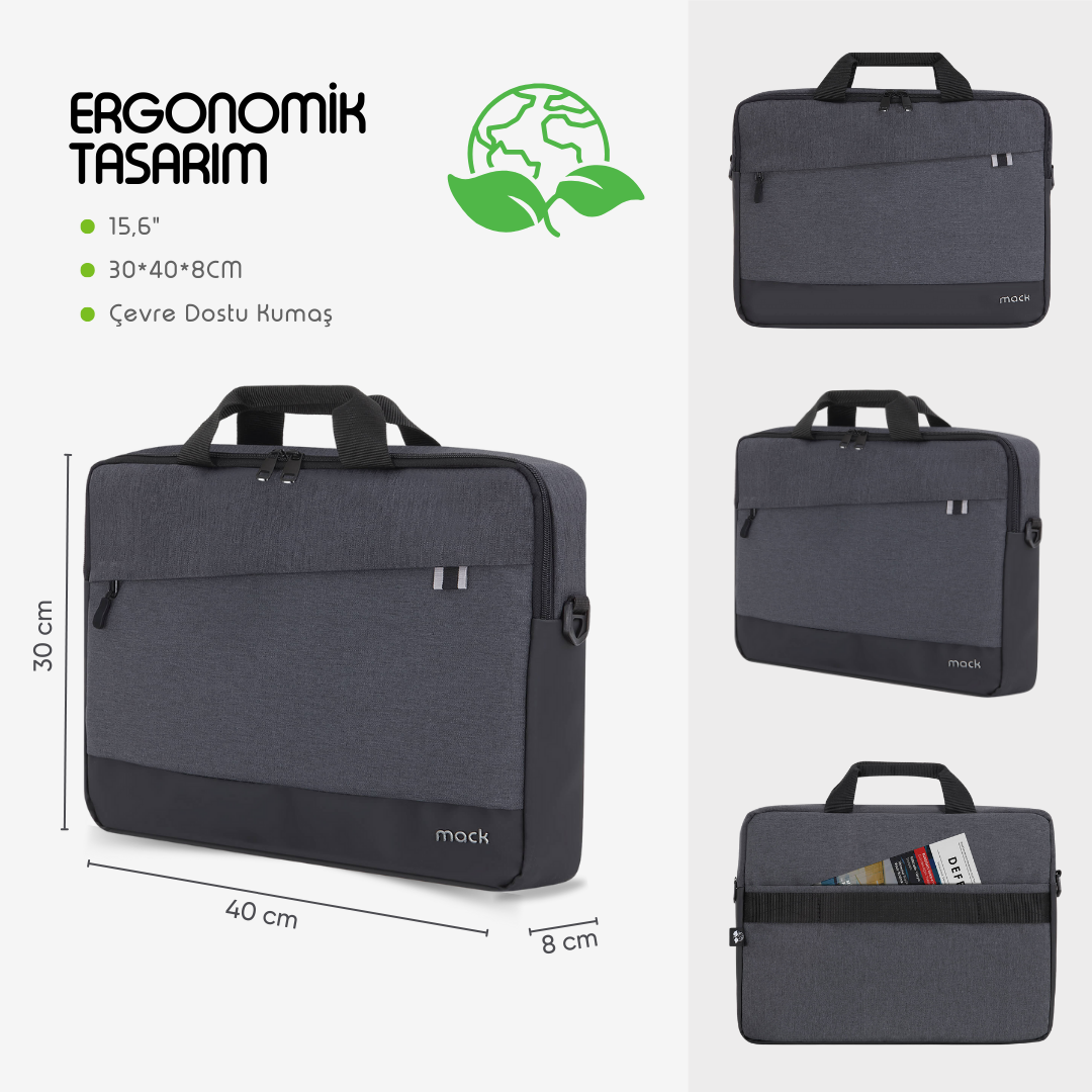 Boyutları olan gri dizüstü bilgisayar çantası. Ergonomik tasarım. Metin: 15,6", 30x40x8 cm. Çevre dostu kumaş. Mack logosu.