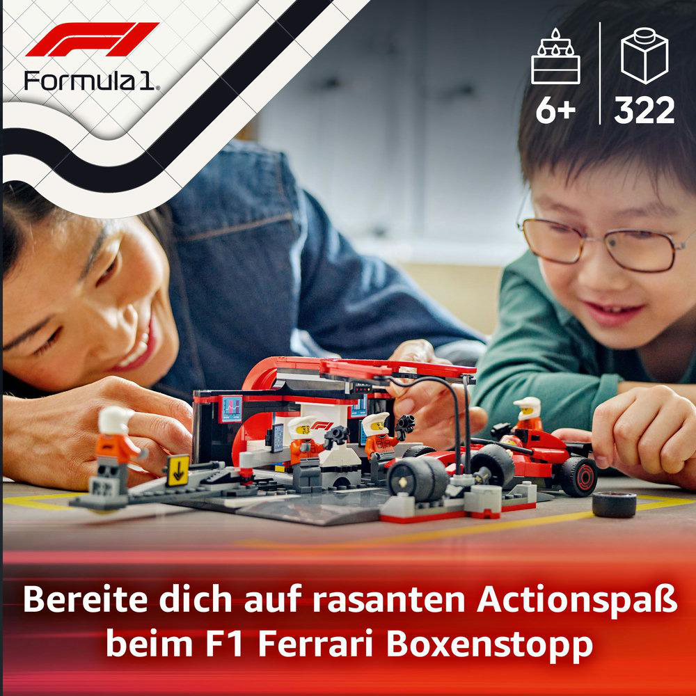 Zwei Personen bauen ein LEGO-Boxenstopp-Set für Rennwagen mit Text.