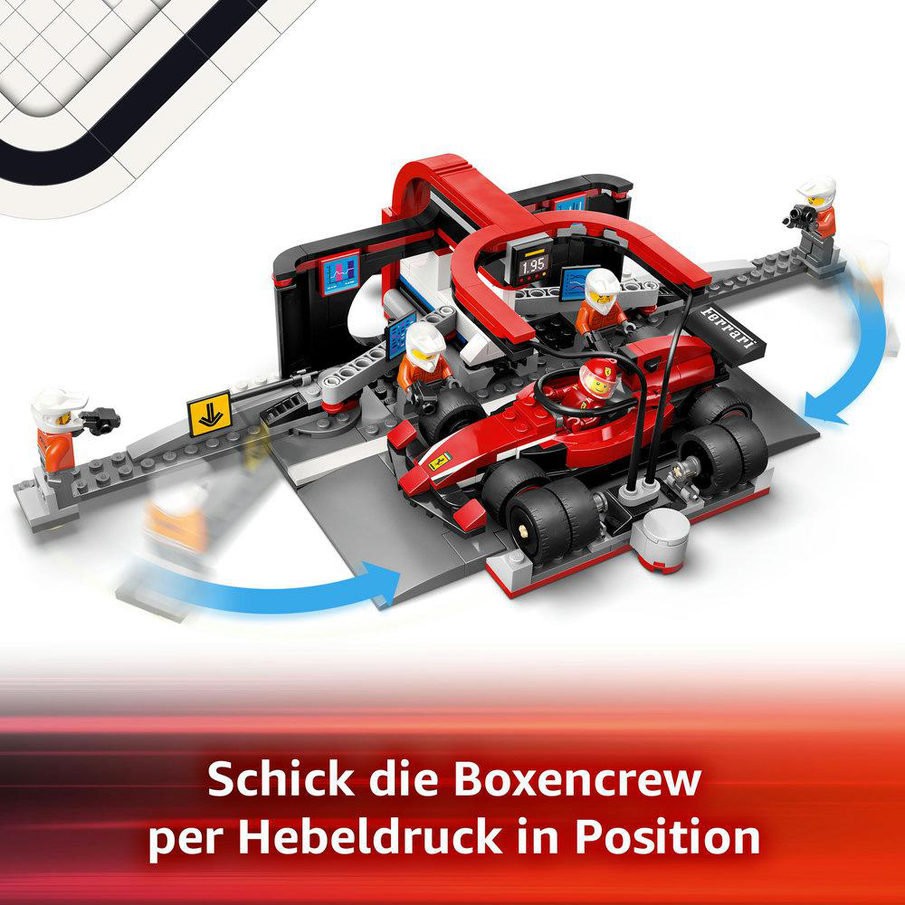 LEGO Rennwagen-Boxenstopp-Set mit Auto und Arbeitern, Text darunter.